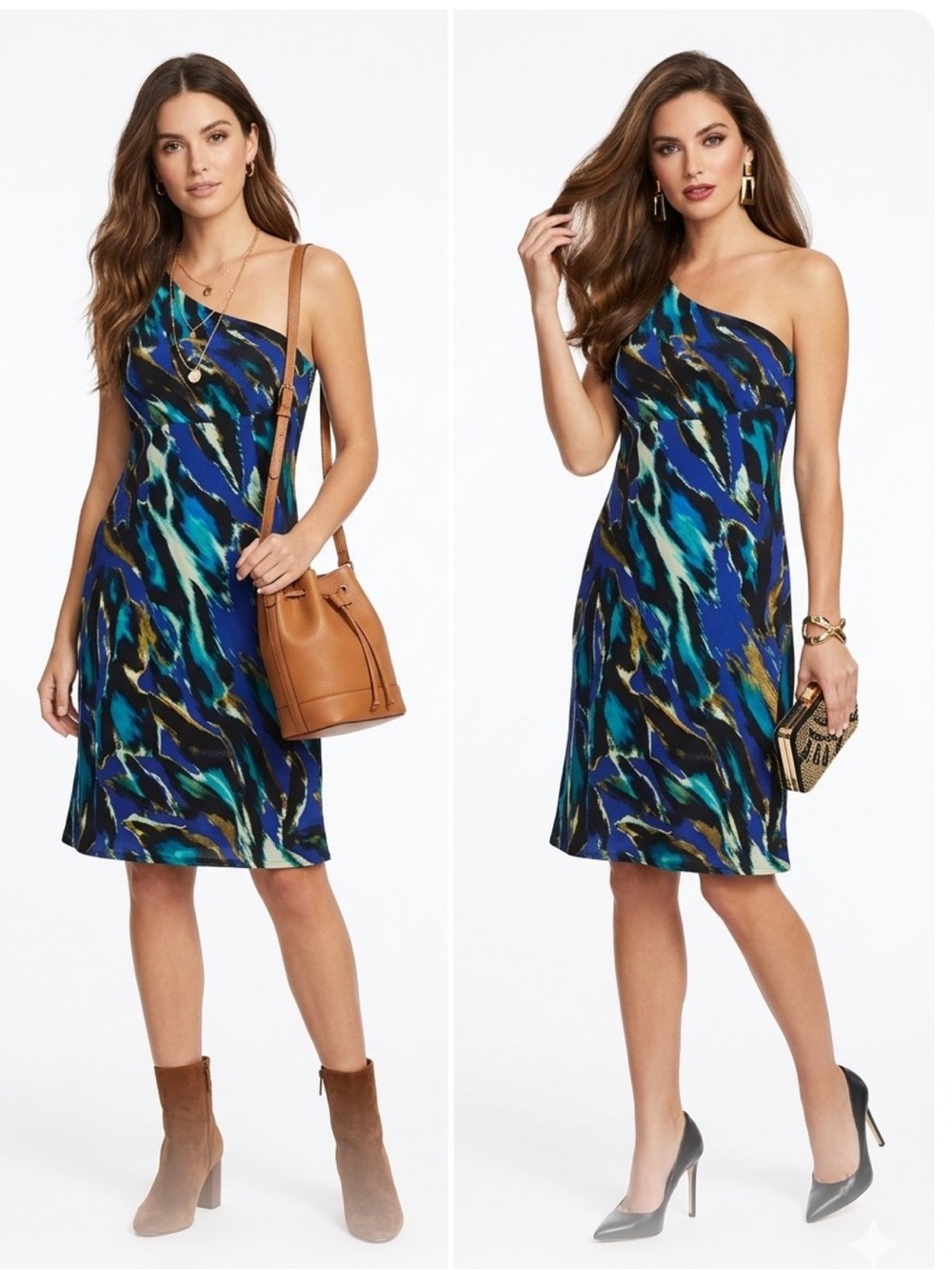 Elegant One-Shoulder Dress in Blue and Green M-L NEW R $320 Steal of a deal